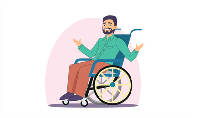 Smiily motivated disabled person vector man in wheelchair. Happy man with physical disability