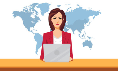 Beautiful female news presenter, red suit woman with laptop