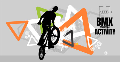 Active young man doing tricks on a bicycle, extreme sport concept. Sport background ready for poster or banner, vector.