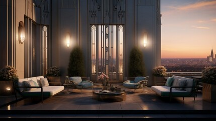 an AI image of an Art Deco penthouse terrace with luxurious outdoor seating and skyline views