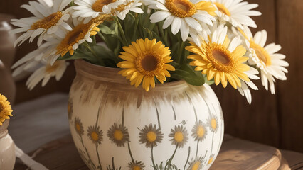 The daisies stand proudly in a rustic, hand-painted ceramic vase - AI Generative