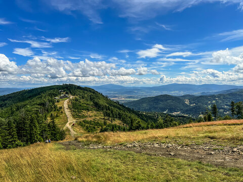 Beskid Slaski mountain range in Poland. Descent from the Klimczok peak to the Klimczok tourist shelter