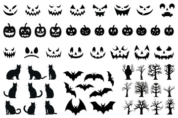 Fototapeta premium Black Cat, Pumpkin, Jack O Lantern Face, Scary Tree, Bat, Vampire Vector Illustration: Set of Halloween Silhouettes Black Icon and Character- isolated on transparent background, png 