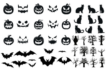 Halloween Silhouettes: Black Cat, Pumpkin, Jack O Lantern Face, Scary Tree, Bat, Vampire Vector Illustration in a Set of Black Icon and Character - isolated on transparent background, png
