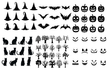 Set of Halloween Silhouettes: Black Icon and Character Vector Illustration of Black Cat, Pumpkin, Jack O Lantern Face, Scary Tree, Bat, Vampire - isolated on transparent background, png
