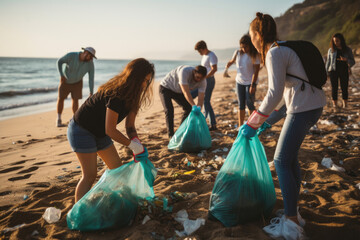 Group of eco volunteers picking up plastic trash on the beach