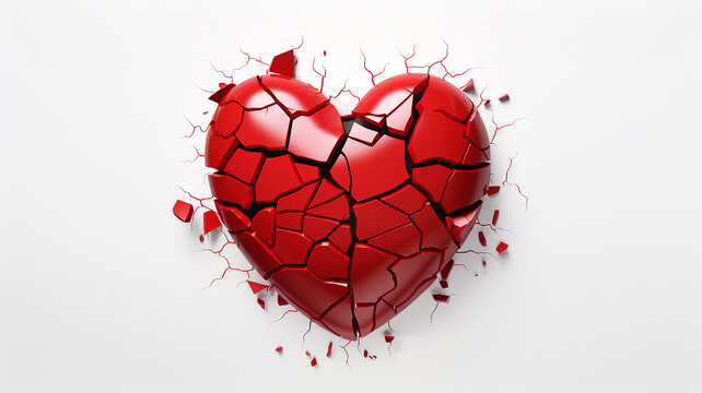 broken red heart with fragments on a white background