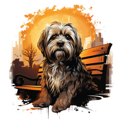 A heart-touching Shih Tzu t-shirt design, portraying the dog as a loyal companion to an elderly person, sitting together on a park bench in the soft glow of sunset, Generative Ai