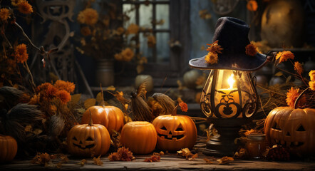 Obraz premium Halloween still life with pumpkins, witch's hat and candles