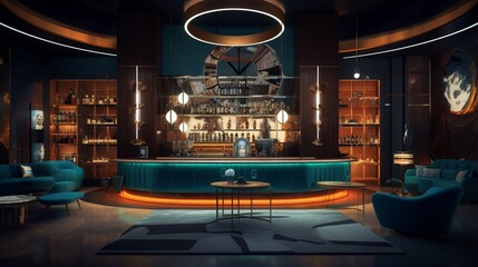 an AI image of a contemporary cocktail lounge with a chic atmosphere, craft cocktails, and unique mixology stations