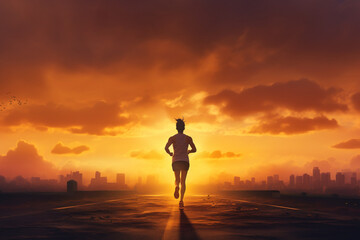 Sport and lifestyle concept. Runner dark silhouette running in to the sunset. Generative AI