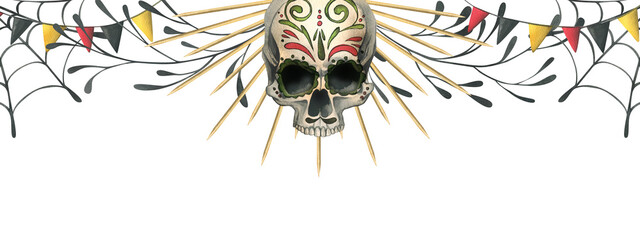Human skull in a golden crown with garland flags, cobwebs. Hand drawn watercolor illustration for Halloween, day of the dead, Dia de los muertos. Template, frame, board on white background.