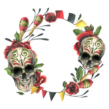 Ornamented human skulls with red roses, candles, maracas and flags. Hand drawn watercolor illustration for day of the dead, halloween, Dia de los muertos. Circle frame, template on white background.