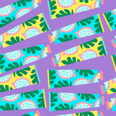 blue and yellow tubes with tropical fruits seamless vector pattern. Suitable for tiles, design , textile, fabric and more.