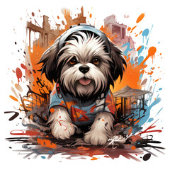 A vibrant Shih Tzu t-shirt design, showing the dog as a participant in a lively street festival, surrounded by vibrant decorations, Generative Ai