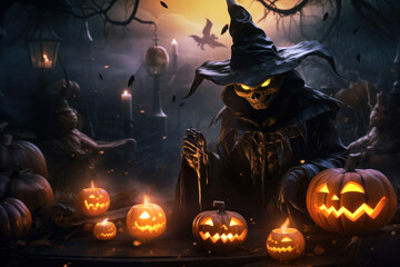 Hexe mit Kürbissen an Halloween
