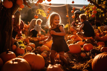 Fototapeta na wymiar Pumpkin patch with children picking pumpkins