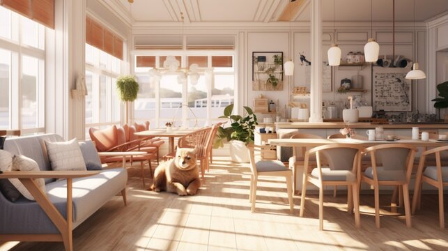 an AI image of a Scandinavian-inspired pet-friendly cafe with comfortable seating for both pets and owners