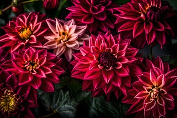 The vibrant petals of the dahlias glisten with dewdrops, their colors ranging from deep crimson to soft blush - AI Generative