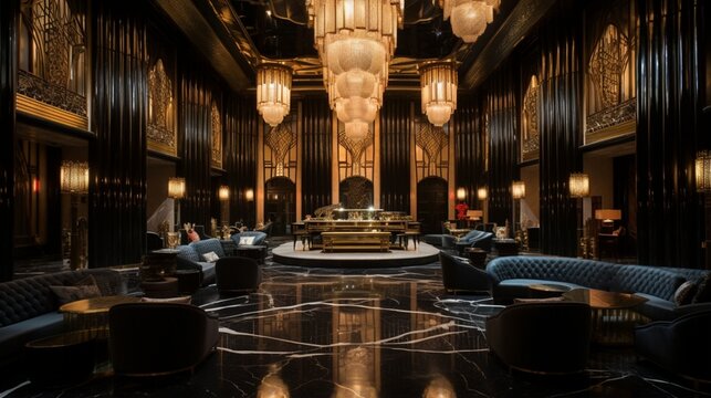an Art Deco casino lounge with velvet banquettes, black and gold decor, and crystal chandeliers