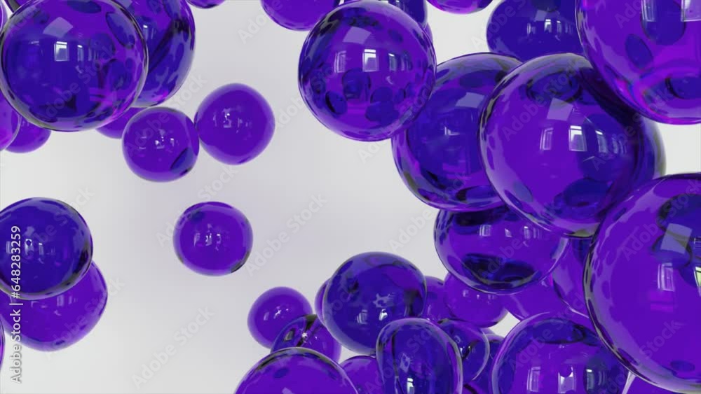 Poster abstract multicolored liquid drops. gel violet bubbles move on a light background and touch each oth