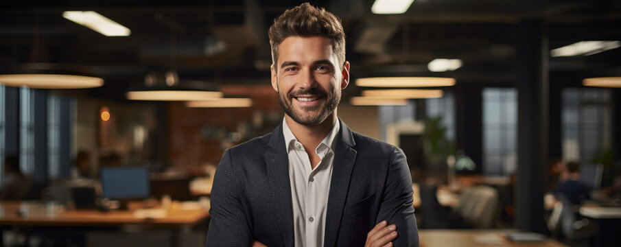 Confident tech entrepreneur in a sleek office setting, representing innovation and forward-thinking leadership