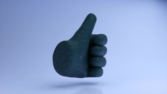 Abstract concept. Rotating emoji thumbs up sign on blue neon background. Social media. 3D animation seamless loop