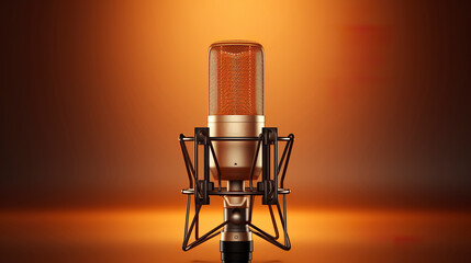 Presentation of a new condenser microphone. Realistic professional microphone on reddish dark background. Microphone and condenser illustration in the center of the image.
