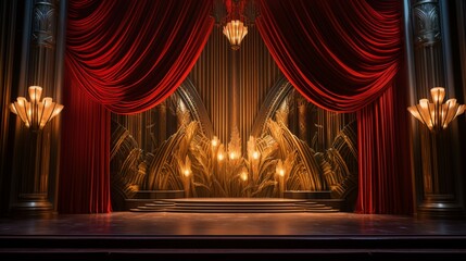 an Art Deco theater stage with opulent curtains, vintage props, and state-of-the-art lighting