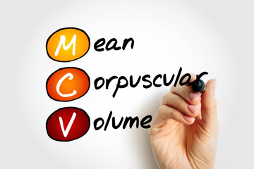 MCV Mean Corpuscular Volume - measure of the average volume of a red blood corpuscle, acronym text...