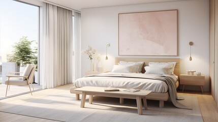 an elegant Scandinavian bedroom with soft pastel colors, natural wood accents, and soft, textured textiles