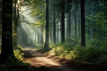 Forest scene with dappled sunlight filtering through the canopy