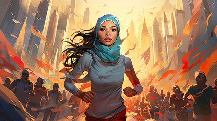 Illustration of a female marathon runner wearing a hijab participating in a race. Female marathon runner happy and respecting her beliefs running a marathon.