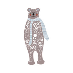 Bear black and white illustration with white floral elements. Cute cartoon character. Linocut style.