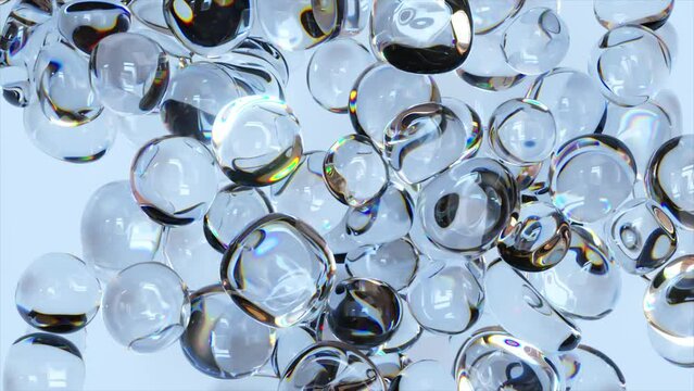 Abstract concept. Gel transparent bubbles move chaotically on a light background. Liquid. Wave. Splash. 3D animation
