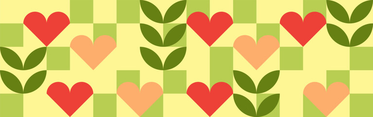 Geometric green, red abstraction, mosaic of squares and hearts, in a fashionable style. Template for Valentine's Day and Mother's Day beautiful background, seamless pattern for textile and wallpaper.