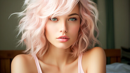 Fototapeta premium Beautiful young woman with shiny wavy hair . Beauty model girl with curly hairstyle . Fashion, cosmetics and makeup