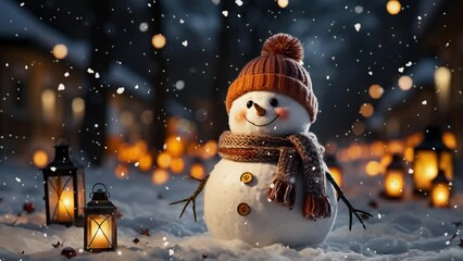 A cheerful snowman in a snowy winter scene, wearing a knitted hat and scarf, surrounded by glowing lanterns and falling snowflakes, creating a festive Ney Year and Christmas holiday atmosphere - Powered by Adobe