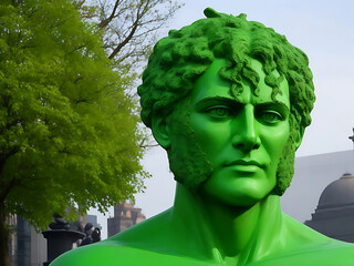 Gypsum statue of male head in sunglasses. Generative ai Plaster Sculpture of male with sunglasses in green and red color