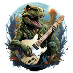 Enter a world of ancient magic, where a T-Rex plays a guitar intricately carved from enchanted wood, surrounded by floating orbs of light, Generative Ai