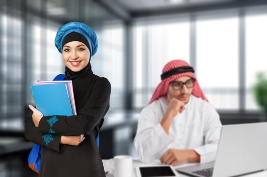 Group of business people in traditional arab clothes, AI generated image
