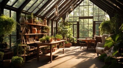 Fototapeta na wymiar an image of a Scandinavian-inspired greenhouse interior with lush greenery and natural light