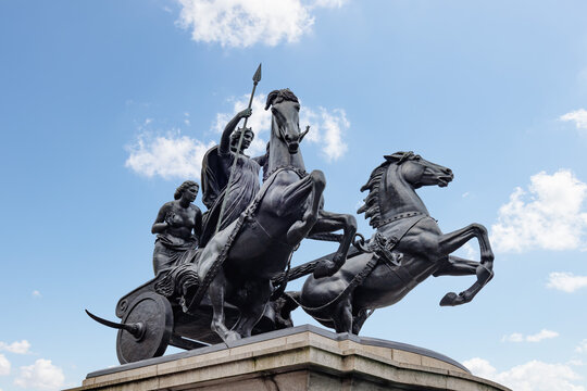 London, UK - May 19, 2023: Boadicea and Her Daughters is a bronze sculptural group in London representing Boudica, queen of the Celtic Iceni tribe, who led an uprising in Roman Britain