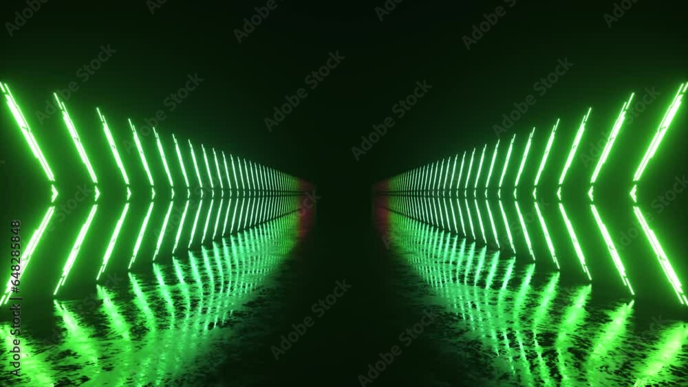 Poster neon luminous lines alternately light up and form a corridor on a dark background. green purple ligh