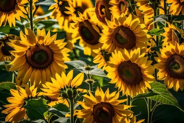 Sunflowers in a garden reach for the heavens, their bright yellow petals forming a sea of happiness. AI Generative