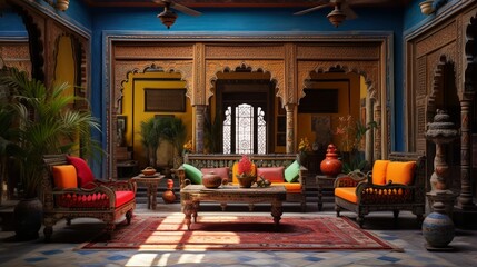 Fototapeta na wymiar an image of a traditional Indian haveli interior with ornate carved furniture, vibrant textiles, and intricate patterns