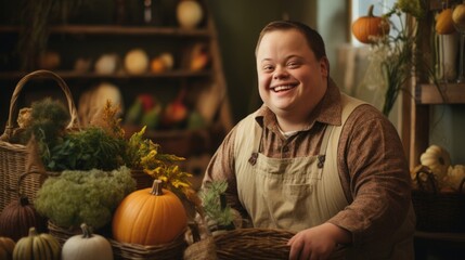 A person with Down syndrome goes about his daily activities. Socialization of people with disabilities.