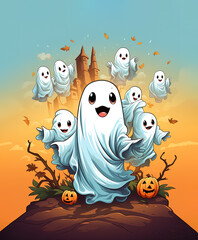 Obraz premium Cheerful friendly ghosts fly around the ancient castle. Halloween design, cartoon illustration, AI generated