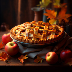 Autumn apple pie on a wooden table and apples around. - obrazy, fototapety, plakaty