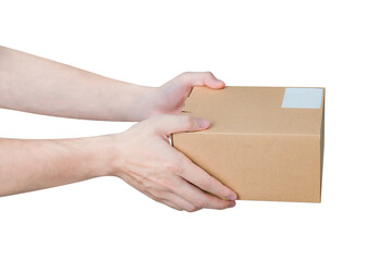 Hand holding parcel box isolated on white background.